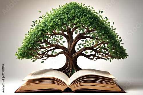 Conceptual art of a tree with book leaves sprouting from an open book, symbolizing the growth of knowledge and education. generative ai