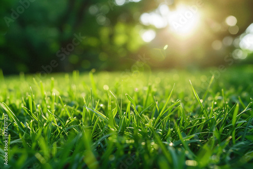 Grass. Fresh green spring grass in sunlight closeup. Soft Focus. Abstract Nature Background