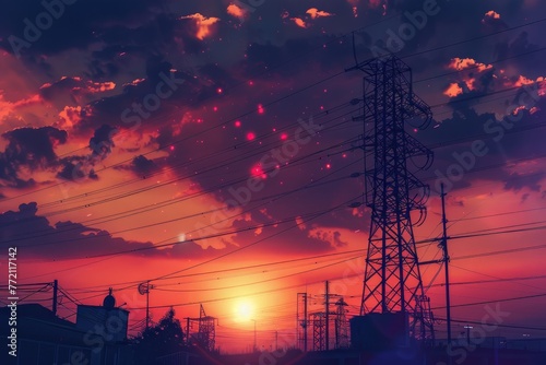 Silhouette of high voltage electric tower at sunset, industrial landscape background