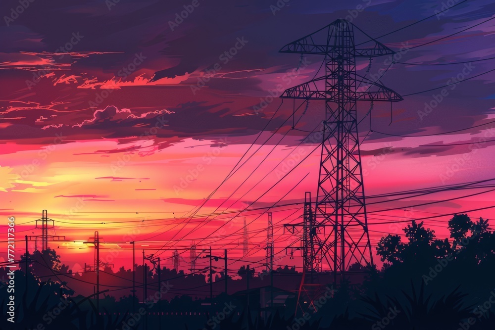 Silhouette of high voltage electric tower against stunning sunset sky background