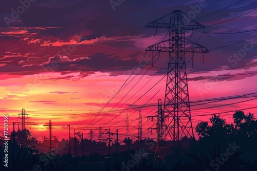 Silhouette of high voltage electric tower against stunning sunset sky background