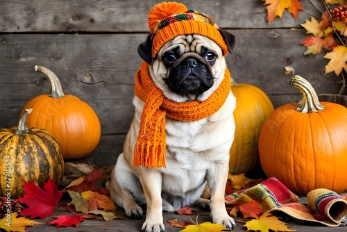 a cute pug dog in an orange scarf and hat with pumpkins and colorful autumn leaves, vibrant colors of fall. Perfect for autumn or pet concepts. generative ai photo