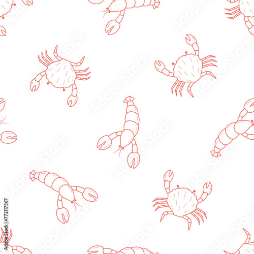 Lobsters and crabs doodle style seamless pattern. Vector illustration of river and marine life. Background delicacies seafood. © Elenglush