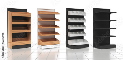 Retail racks mockups with wooden shelves, plastic bins and simple shelves. 3d illustration set