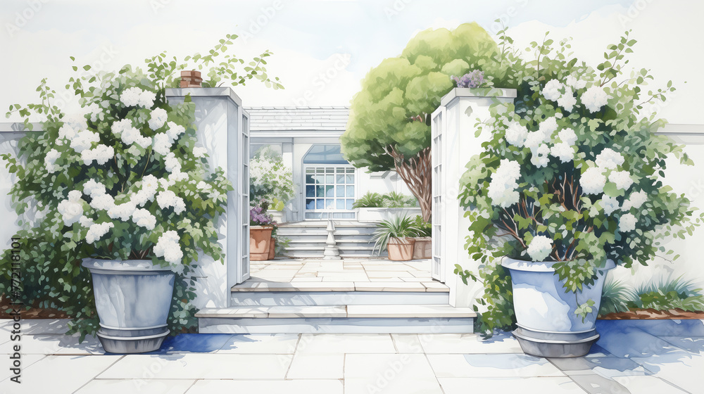 Captured in a watercolor painting of a serene garden gateway is surrounded by lush greenery and potted plants, evoking a peaceful ambiance and natural beauty.