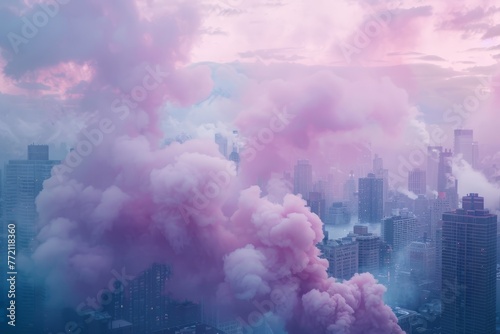 An urban landscape covered in billowing pink smoke  creating a dreamy and surreal atmosphere