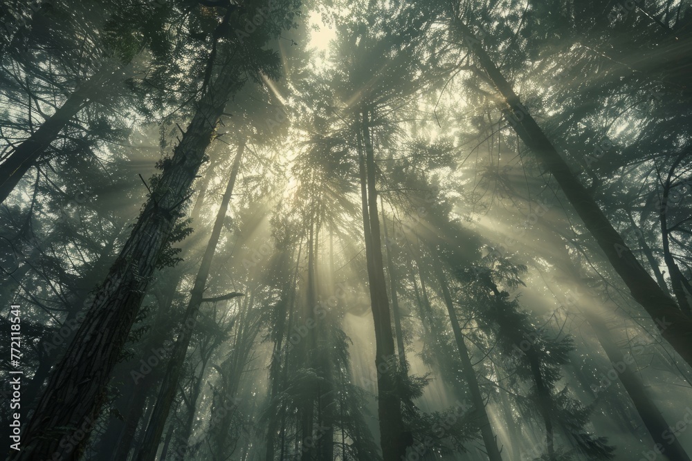 Tall trees filled forest with sunlight filtering through mist creating surreal atmosphere