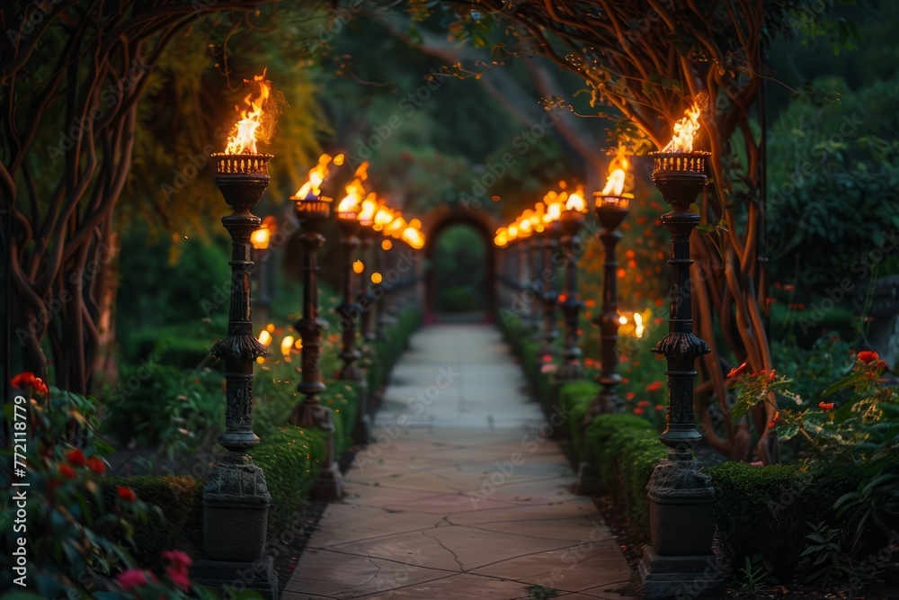 Pathway lined with torches winding through a garden filled with trees engulfed in flames, creating an enchanting and mystical atmosphere