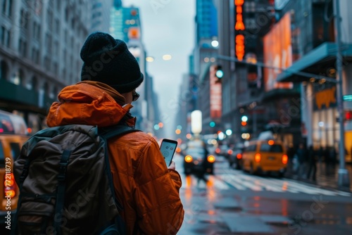 A man with a backpack standing on a city street, looking at his cell phone screen for directions or information