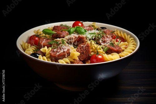 Colorful Pasta meat vegetables. Diet dinner gourmet. Generate Ai