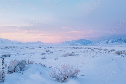 A wide-angle shot of a snow-covered landscape at dawn with pastel hues in the sky and snow-capped mountains in the distance
