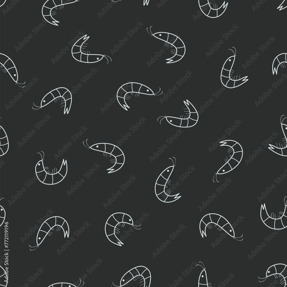 Seamless pattern of randomly arranged curved shrimps. Vector illustration of red shrimp, seafood wallpaper background.