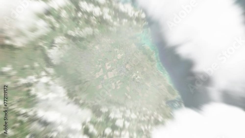 Earth zoom in from space to Centre de Flacq, Mauritius. Followed by zoom out through clouds and atmosphere into space. Satellite view. Travel intro. Images from NASA photo