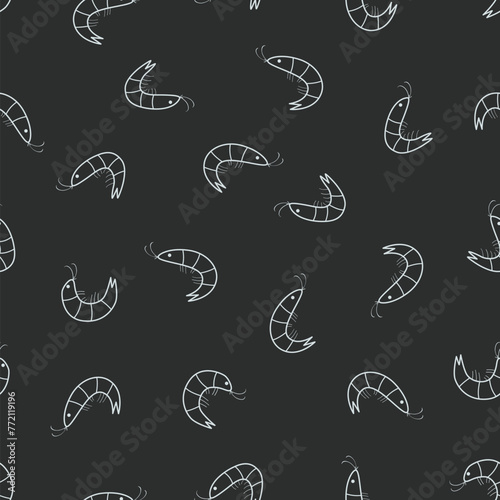 Seamless pattern of randomly arranged curved shrimps. Vector illustration of red shrimp, seafood wallpaper background. © Elenglush