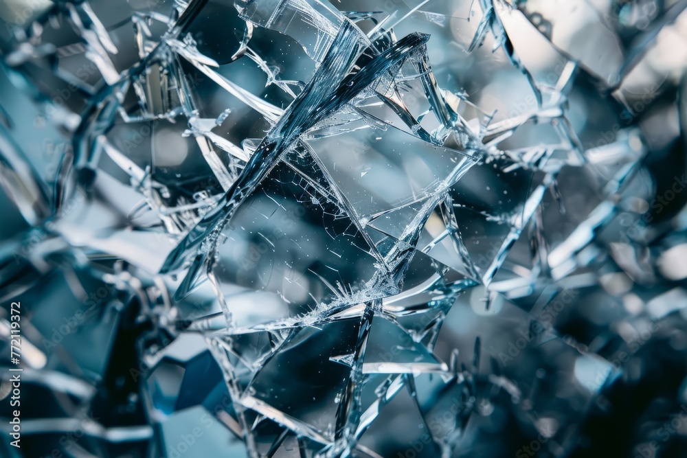 A detailed close up of a shattered glass window, showing sharp edges and fractured pieces - obrazy, fototapety, plakaty 