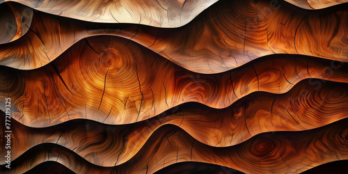 Close-up perspective reveals the intricate details of an abstract wooden texture, exhibiting flowing grain patterns resembling waves or dunes.