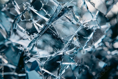 A detailed close up of a shattered glass window, showing sharp edges and fractured pieces photo