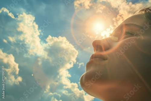Closeup of a woman looking up with hope at the sun in a cloudy sky