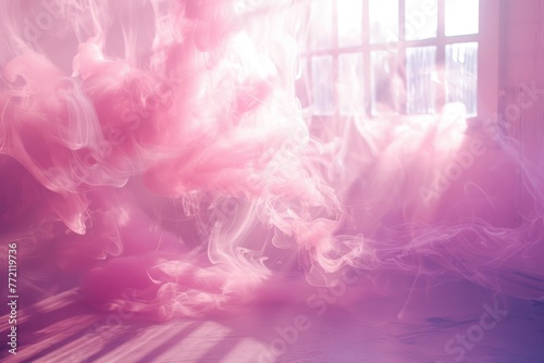 Pink smoke drifts out of a room with soft natural light filtering through windows