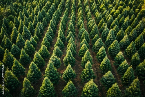 A commercial high-angle view of a Christmas tree farm with neatly organized rows of evergreen trees, ready for harvest