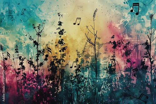 : A vibrant, abstract, musical forest of melodic instruments, with branches of harmonious music notes, resonating and creating symphonies in the cool, soothing breeze. photo