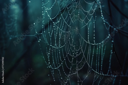Spider web covered in dewdrops in forest with dim light creating a shimmering effect