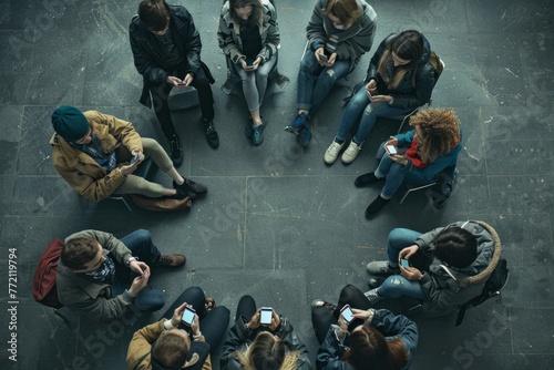 High-angle view of individuals seated in a circular formation, all focused on their mobile devices