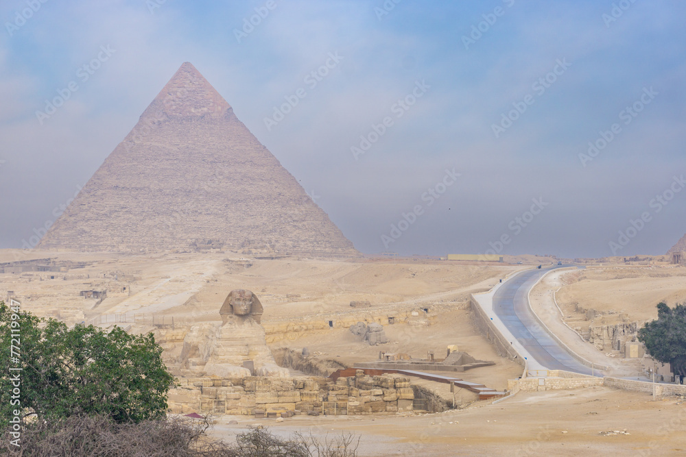 The Great Sphinx and the Egypt Pyramid Complex in Giza, Cairo, Egypt