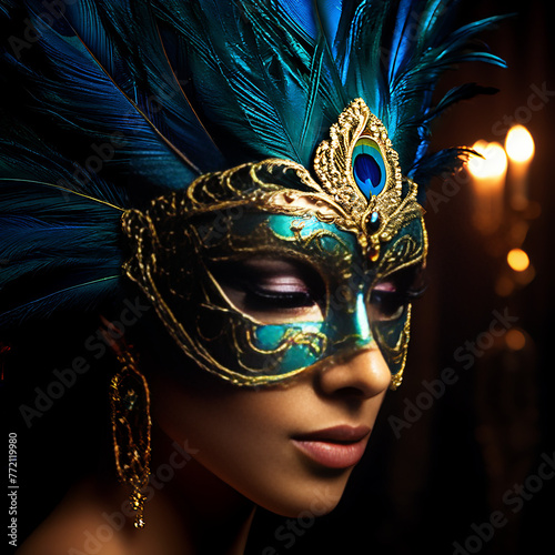 gilded secrets whisper from a delicate mask peacock feather twirling in candlelit
