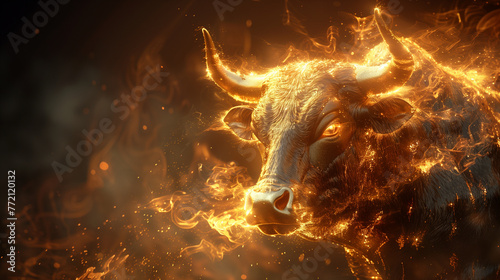 Furious Fire Bull, Bull running on fire. stock trading bullish divergence  photo