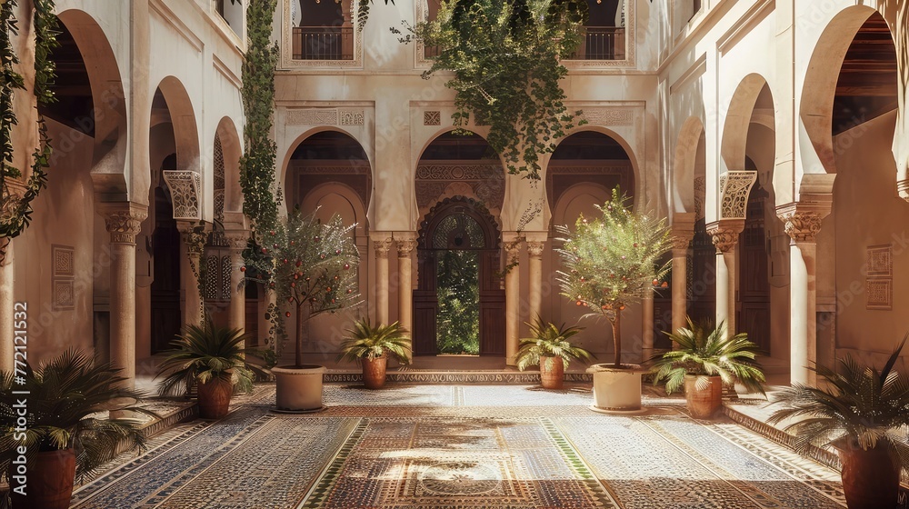 A peaceful courtyard surrounded by archways and decorated with Ramadan lights, creating a serene environment