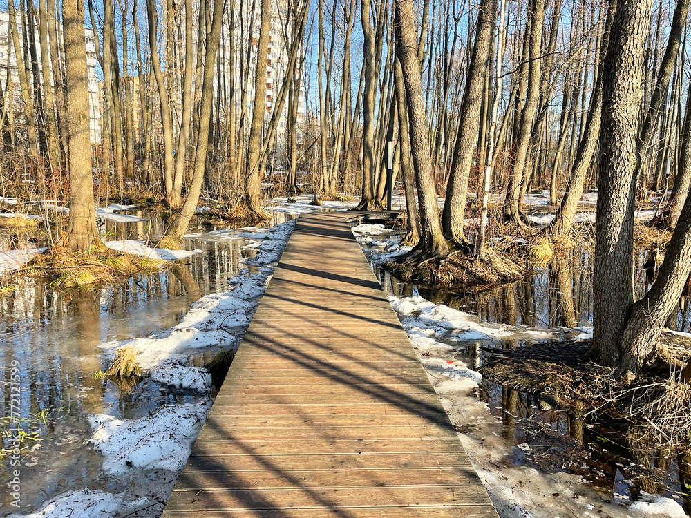 High water in the Solnechnaya Park in March. Moscow region, Balashikha city
