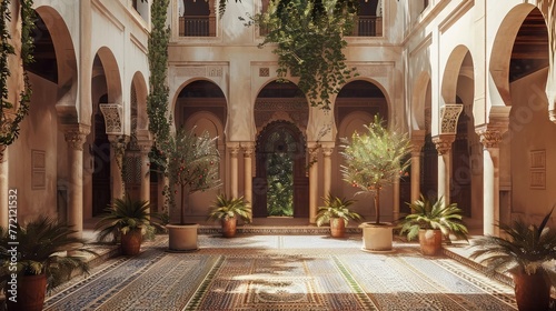 A peaceful courtyard surrounded by archways and decorated with Ramadan lights, creating a serene environment © Ammar
