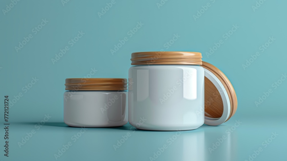 Modern Cream Jars with Wooden Lids on Blue Surface