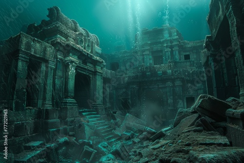 Underwater Ancient Ruins in Mysterious Ocean photo
