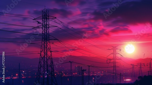 Electrifying Twilight: Power Lines Silhouetted Against a Vivid Multicolored Sky

