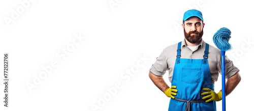 Smiling male professional cleaner with tools in service uniform, white background isolate.