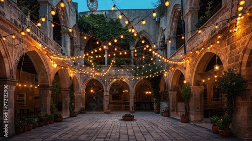 A peaceful courtyard surrounded by archways and decorated with Ramadan lights, creating a serene environment