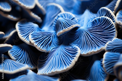 Whimsical Blue mushroom closeup background. Water glow. Generate Ai © juliars