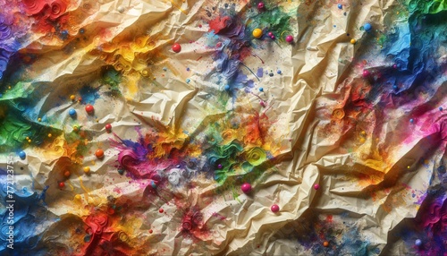 Vibrant Paint Splatters on Wrinkled Paper Texture