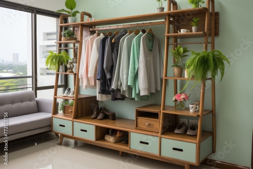 teak wood cupboard shelves with clothes professional photography