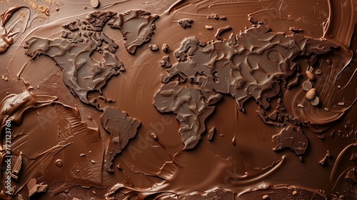 Chocolate world, continents enrobed in cocoa, high angle, concept of a world obsessed with chocolate