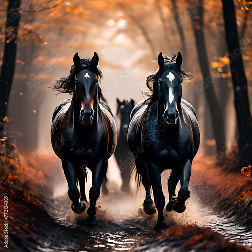  Black stallions running in the rain in an autumn forest. Infrared.  © Kobinath