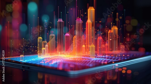 An illuminated holographic projection of a smart cityscape with glowing skyscrapers on a tablet surface, symbolizing urban technology and the future of smart city planning.