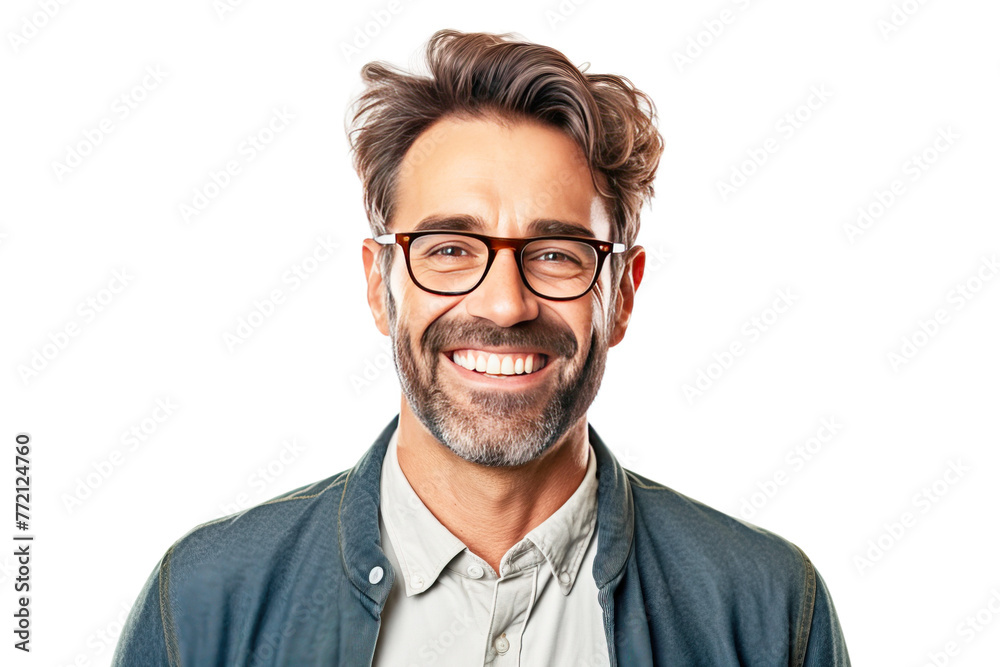 Close-up of a man, education professor, smiling successful teacher, white background isolate.