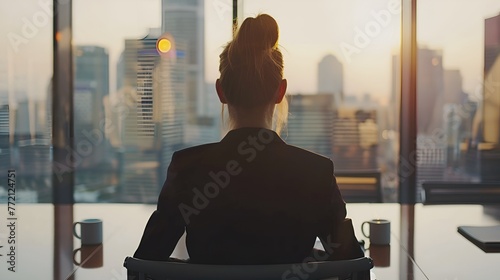 Businesswoman Leading Team Meeting in Minimalistic Office, Businesswoman, leading, team meeting, minimalistic office