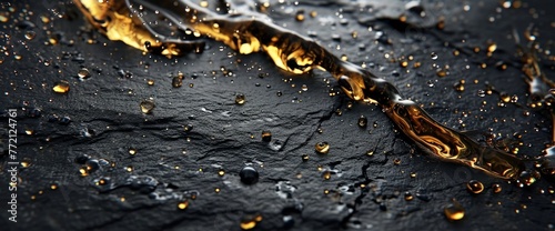 Spilled oil drops mixing on black stone slab, close up, Generative AI  photo