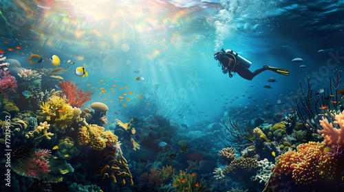 Scuba diver exploring a vibrant coral reef underwater with sunlight filtering through. © connel_design