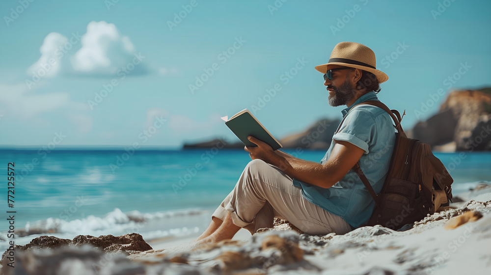 Man reading a book on the beach. Travel and adventure concept.