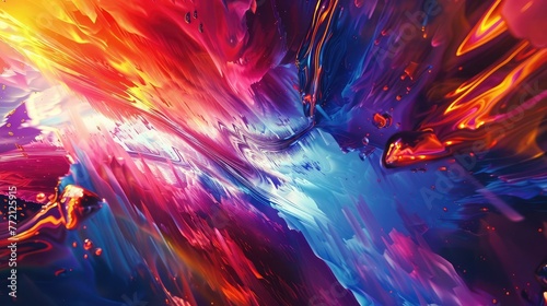 A Photograph capturing the hypnotic dance of abstract shapes and vibrant colors, reminiscent of a cosmic collision frozen in time.